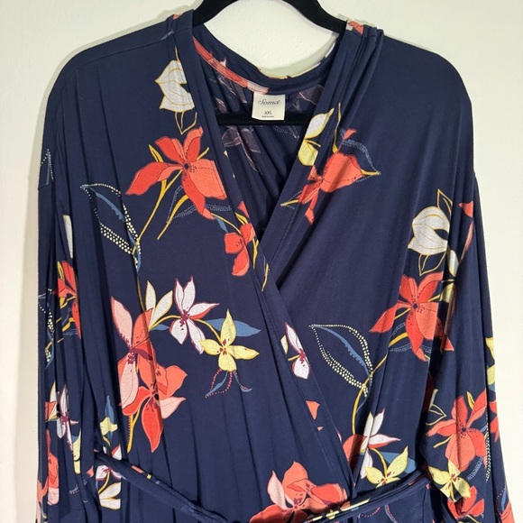 Soma Navy Floral Jersey Kimono Robe with Tie - Picture 3 of 13